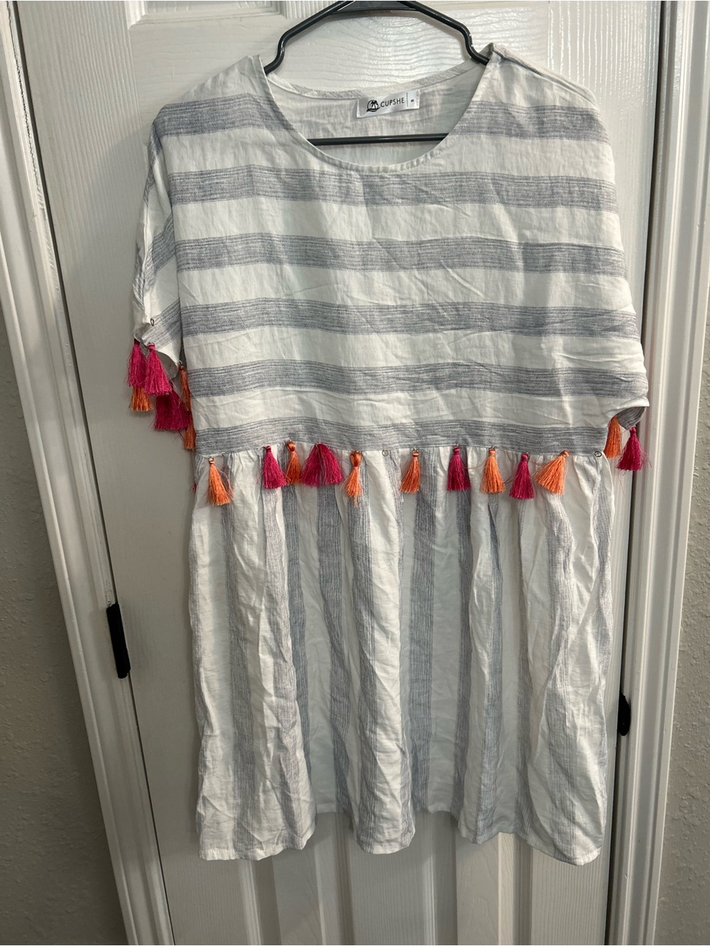 Cupshe white and gray striped babydoll dress small tassels small flaw read
